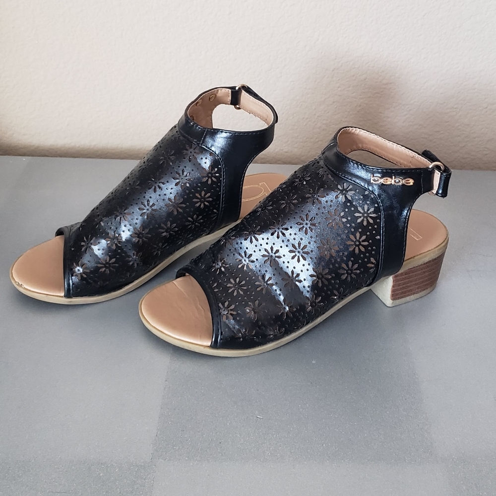 Bebe open-toe booties w/gold embellishment